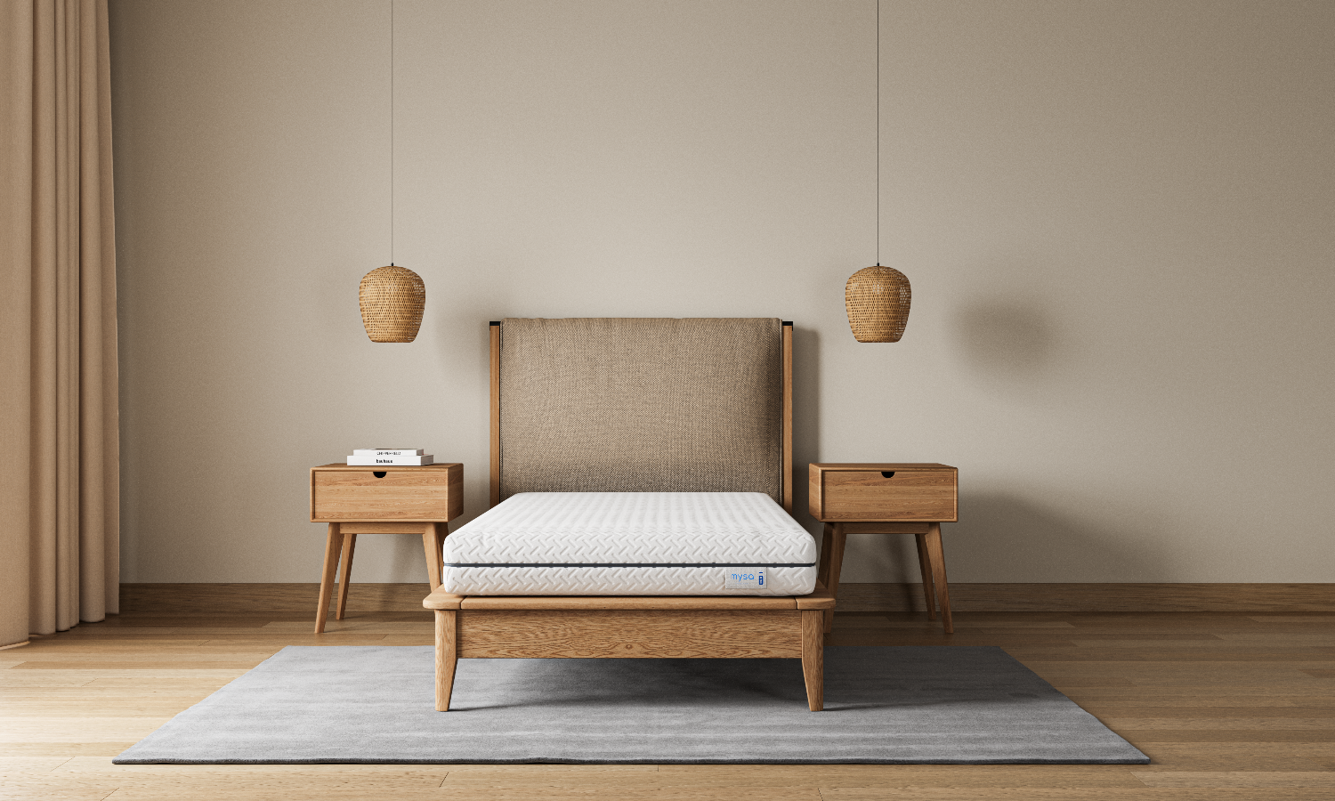 Wooden bed with beige headboard and matching side tables in a minimalistic room.