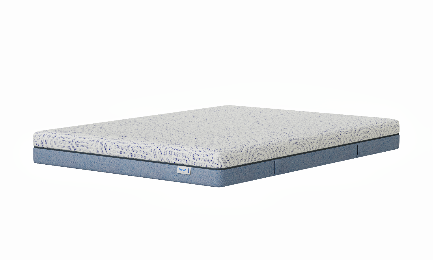 Mattress with a blue base and white patterned top on a white background