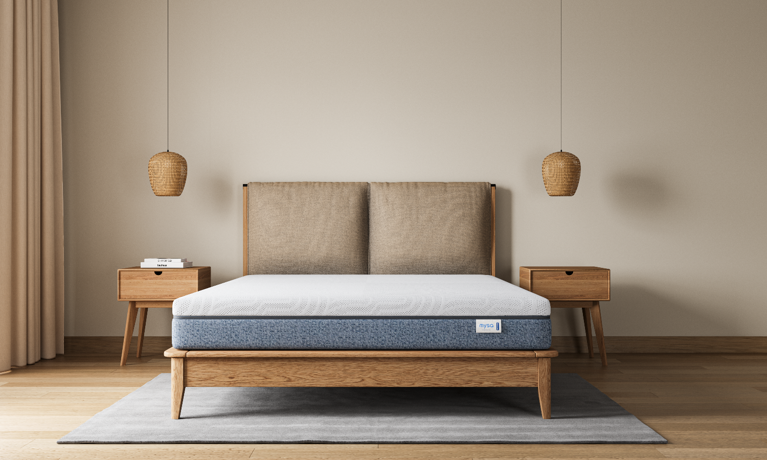 Bed with wooden frame and beige headboard in a minimalistic bedroom setting.