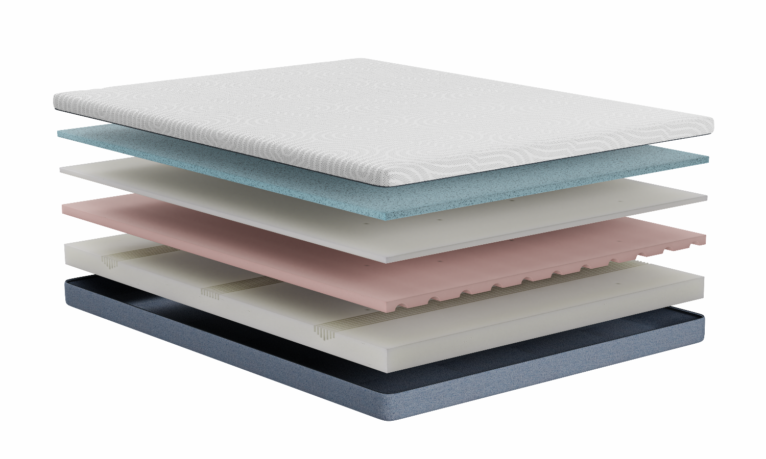 Stack of different colored mattresses on a white background